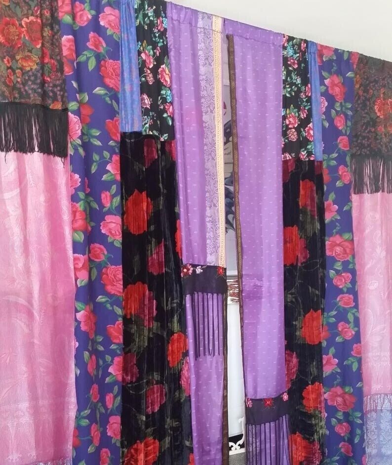2 Pcs Indian Sari Patchwork Curtain Drape Window Decor Multi Silk Sari Curtain