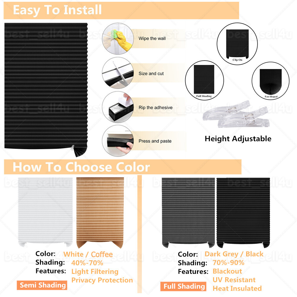 Temporary Window Blinds Cordless Self Adhesive Stick on Pleated Paper Blinds