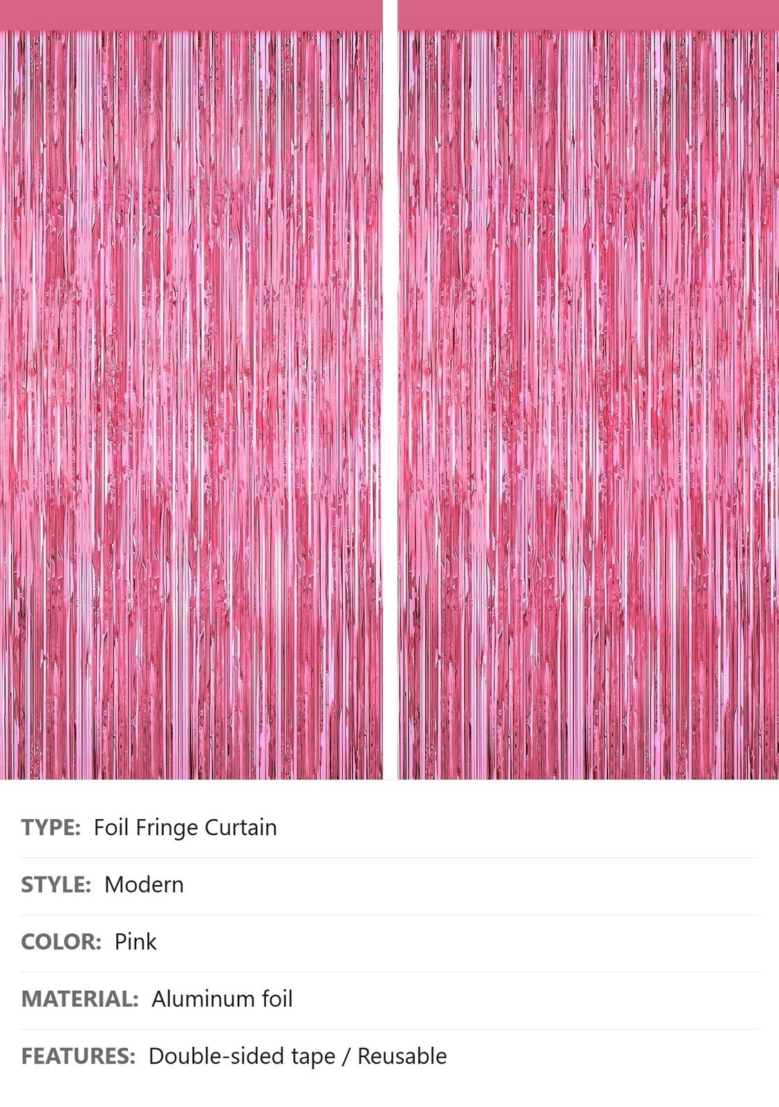 Pink Foil Fringe Curtain Backdrop, 2 Pack, 3.3ft x 6.6ft, Door Streamers