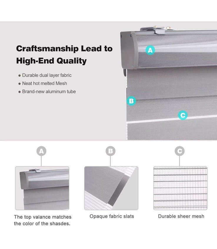 Cordless Zebra Roller Shades for Windows,Gray Sheer Zebra Blinds Dual Layer NIP