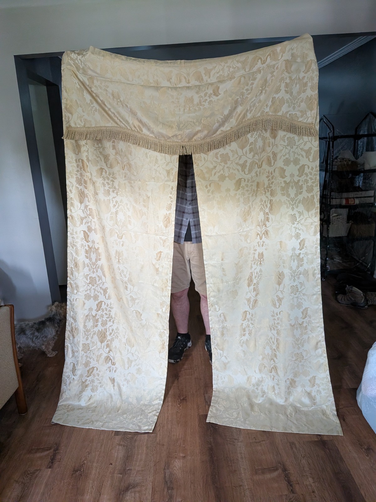 GOLD & CreamDAMASK CURTAIN PANELS ATTACHED TASSLE VALANCE TIE BACKS 85 X 54