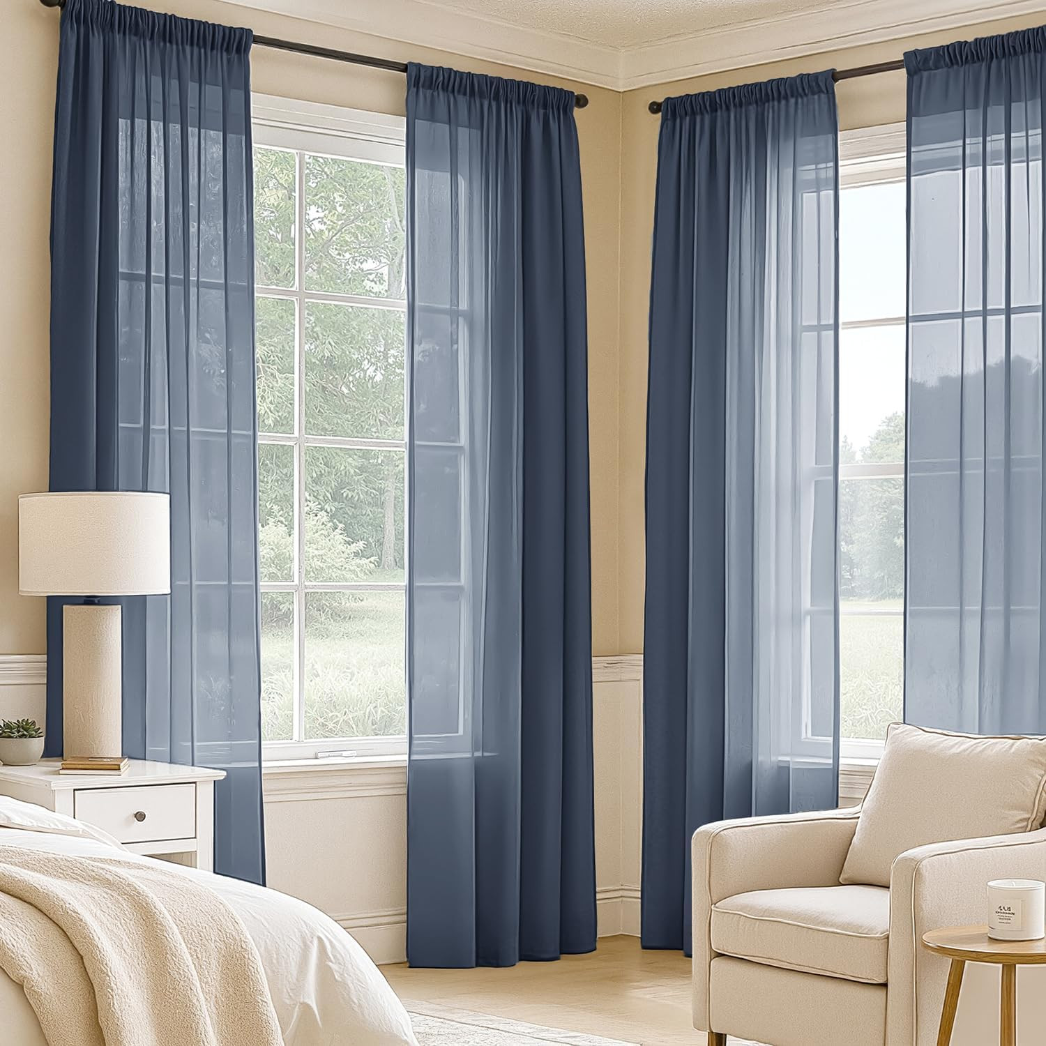 Navy Blue Sheer Curtains 84 Inches Long, 4 Panels Set, Light Filtering Rod Pocke