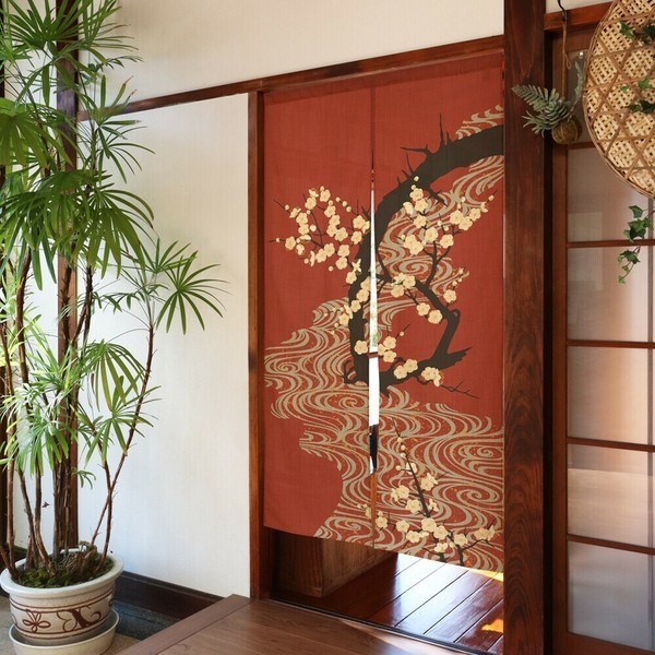 Japanese Traditional Noren Curtain – Flowing Water & Plum Winter Home Decor Gift