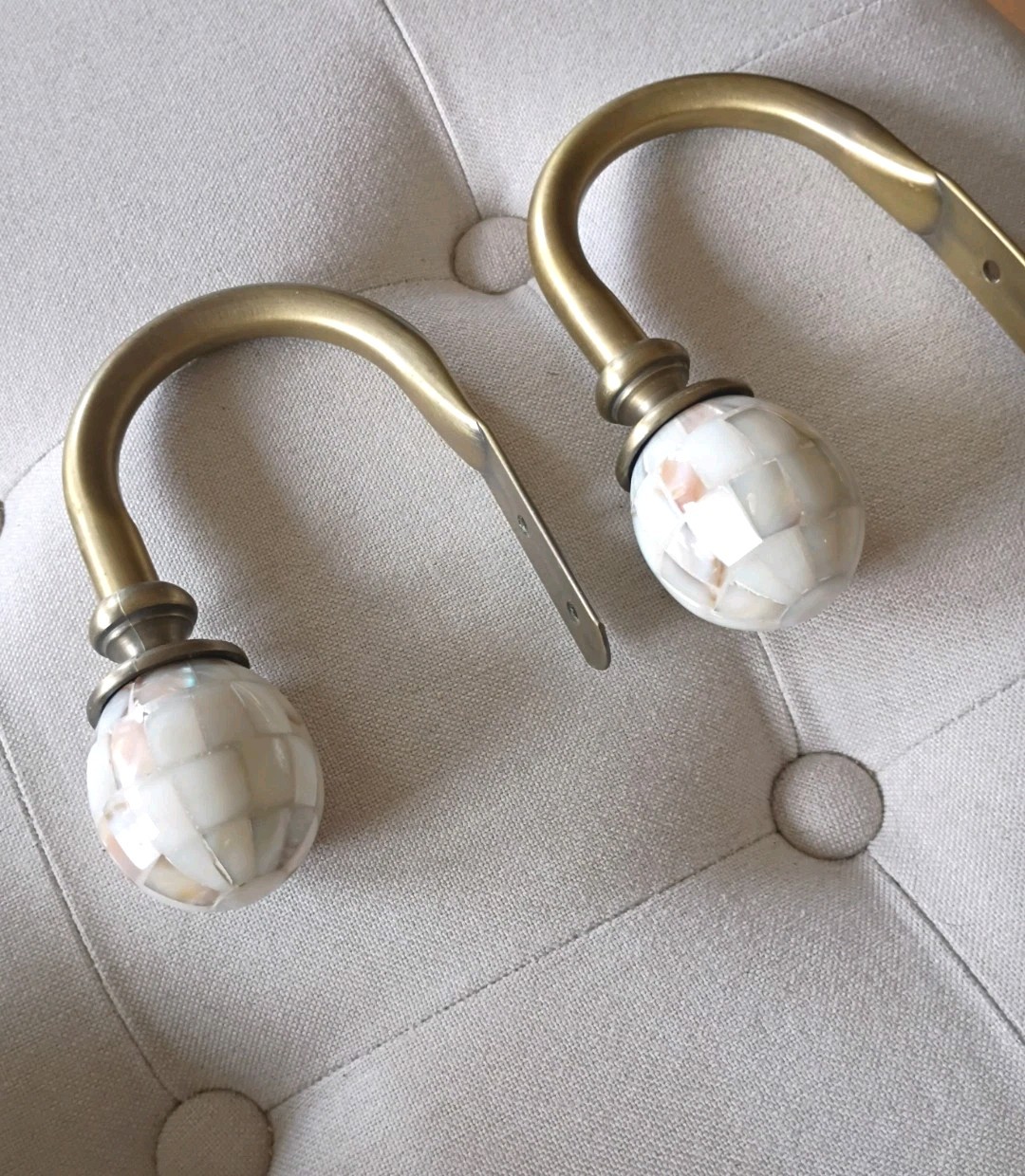 Pair Vtg Curtain Tiebacks Holdbacks Faux Mother of Pearl Aged Brass