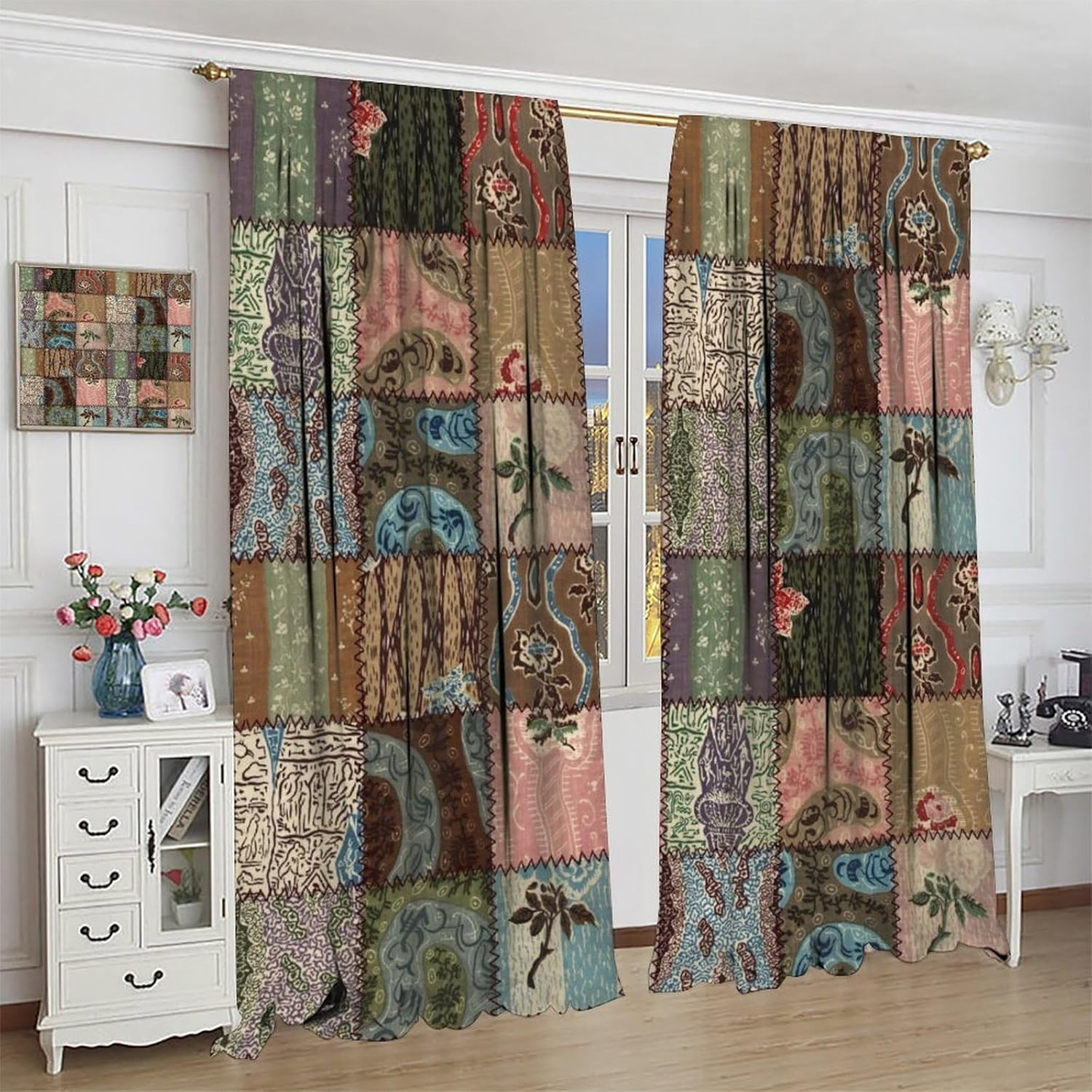 Boho Patchwork Curtains,Vintage Colorful Bohemian Splicing Print Drapes for Bedr
