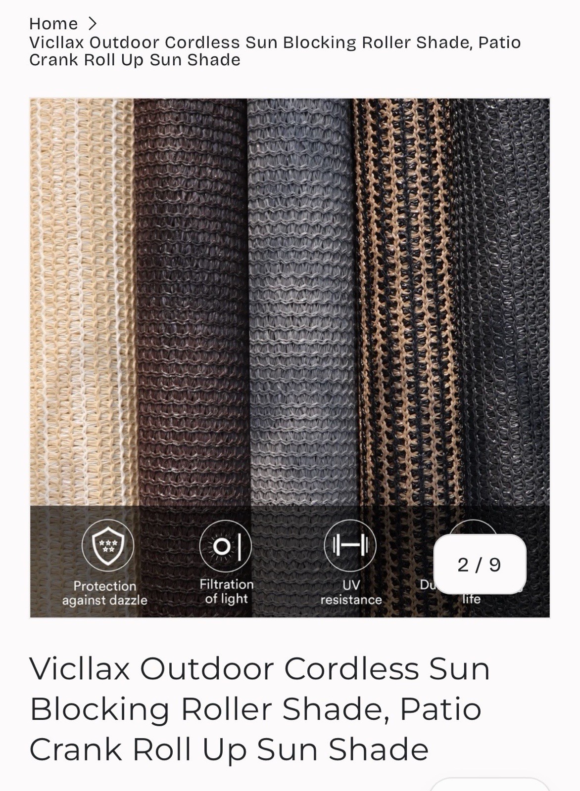 Outdoor Cordless Roller Shade 8 FT Grey Sun Blocking UV Resistant Crank