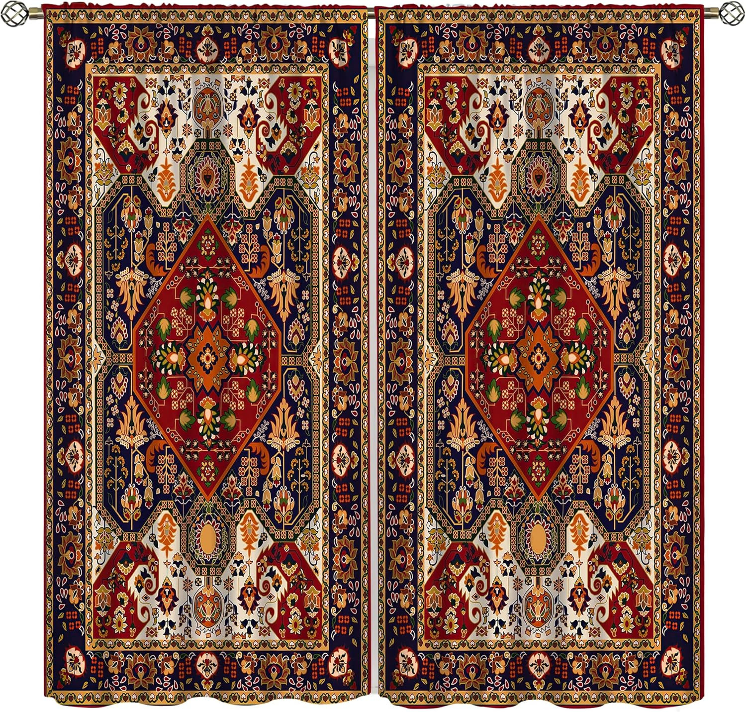 Boho Decor Curtains, Vintage Small Tree Floral Border Bohemian Ethnic Style Colo