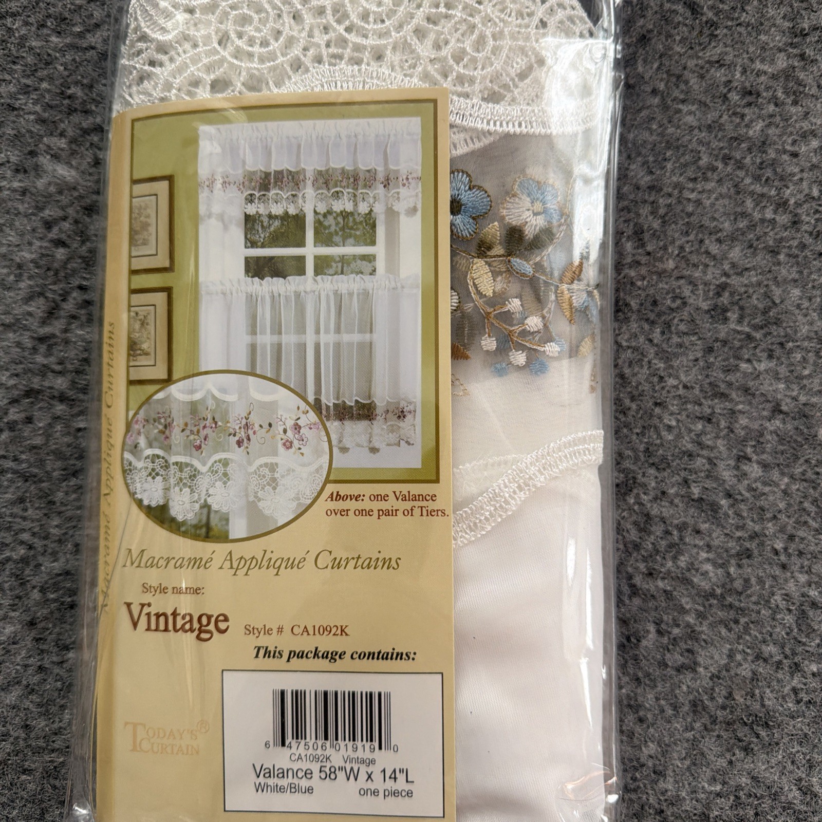 VTG Macrame Organza Valance White/Blue Floral Cottage/Cabin Core 58″W x 14″L NIP