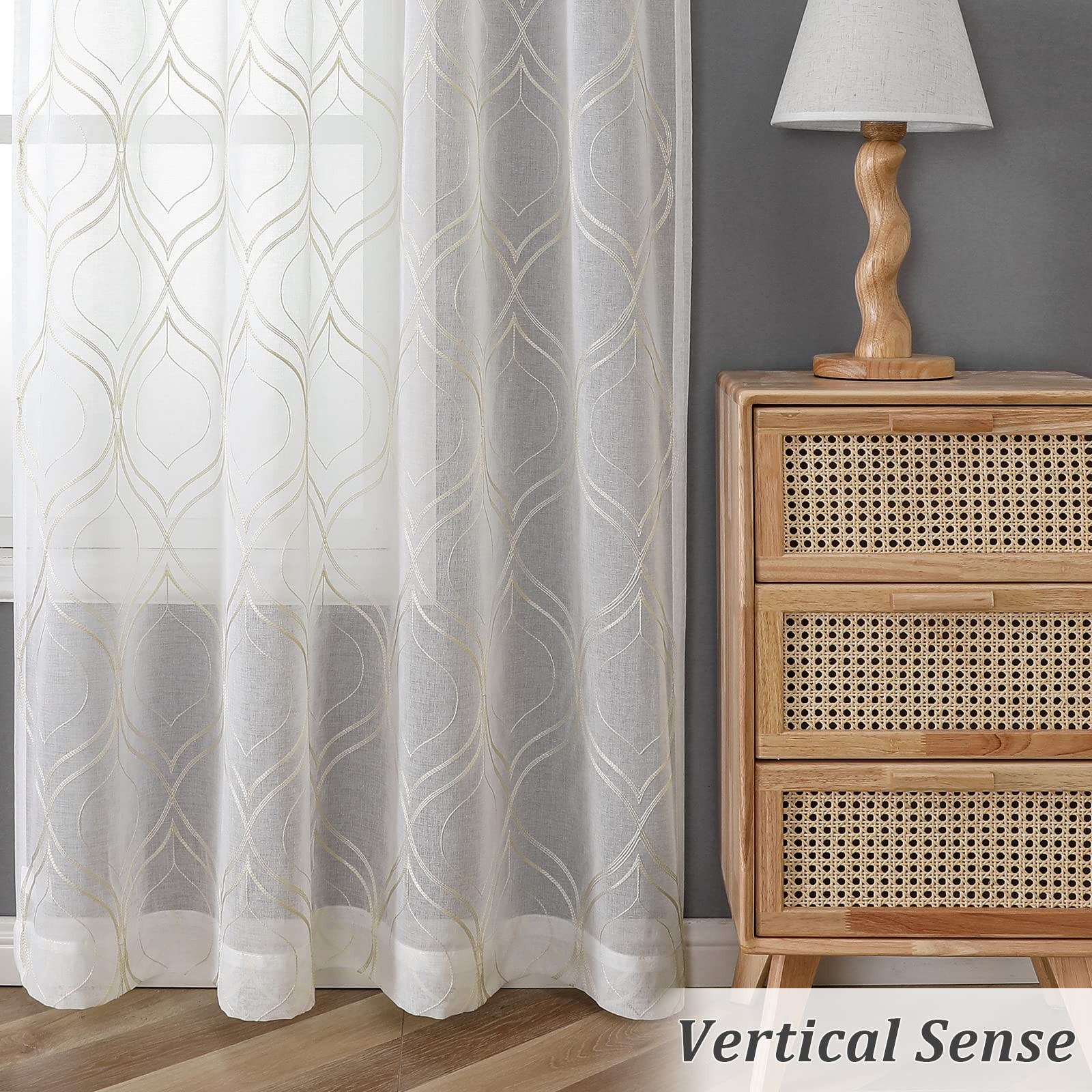 VISIONTEX Moroccan Embroidered White Sheer Curtains Panels, Decor French Texture
