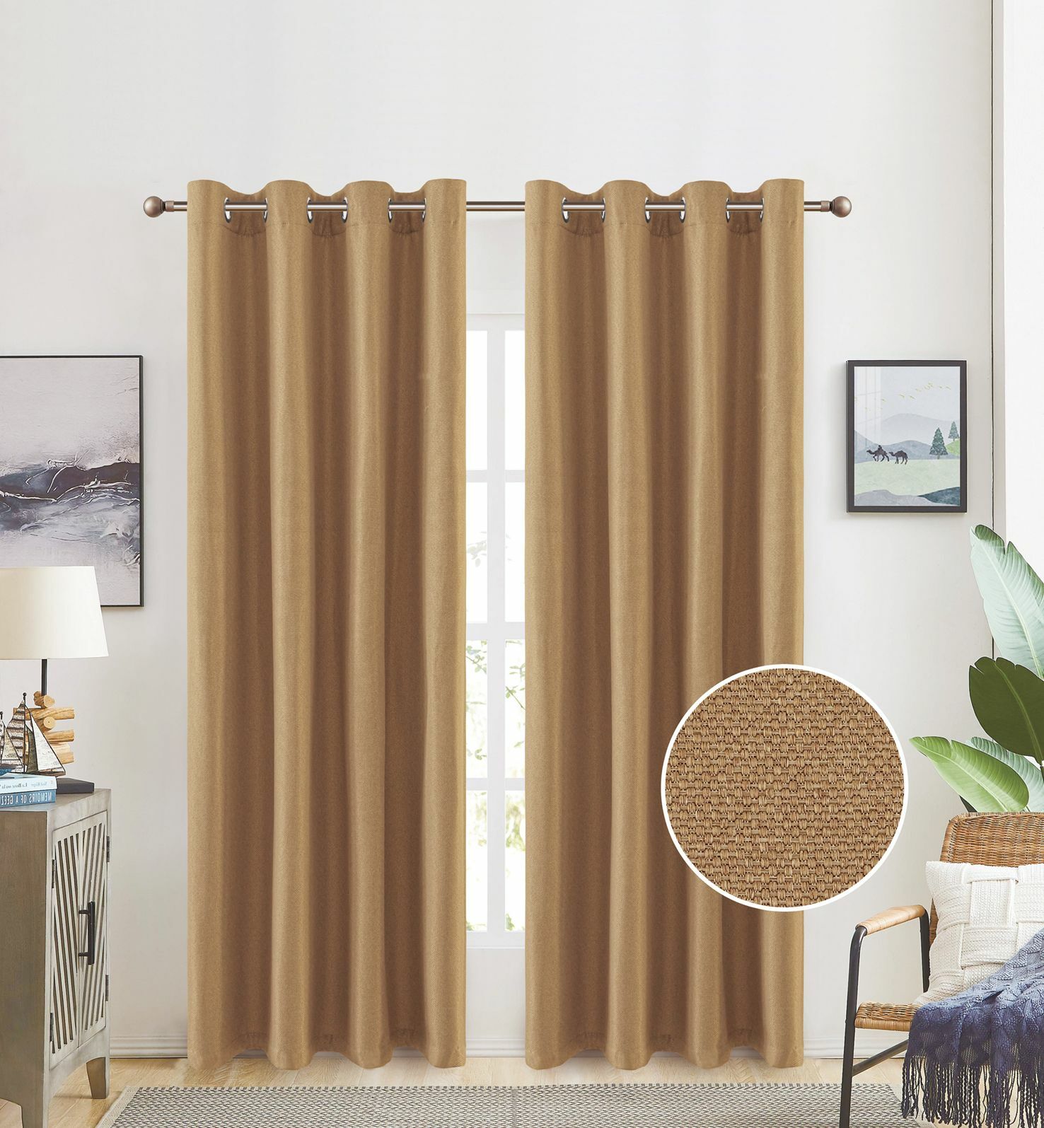Heavy Linen Textured Casual Weave Plain Grommet Top Window Curtains Panel, 81052