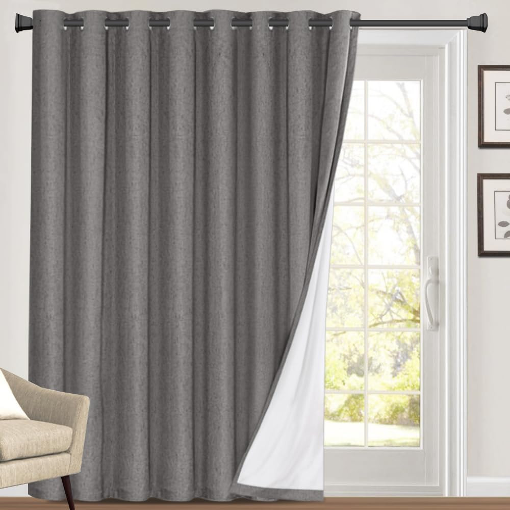Thermal Insulated 100% Blackout Curtains for Sliding Glass Doors, Grey 100×96