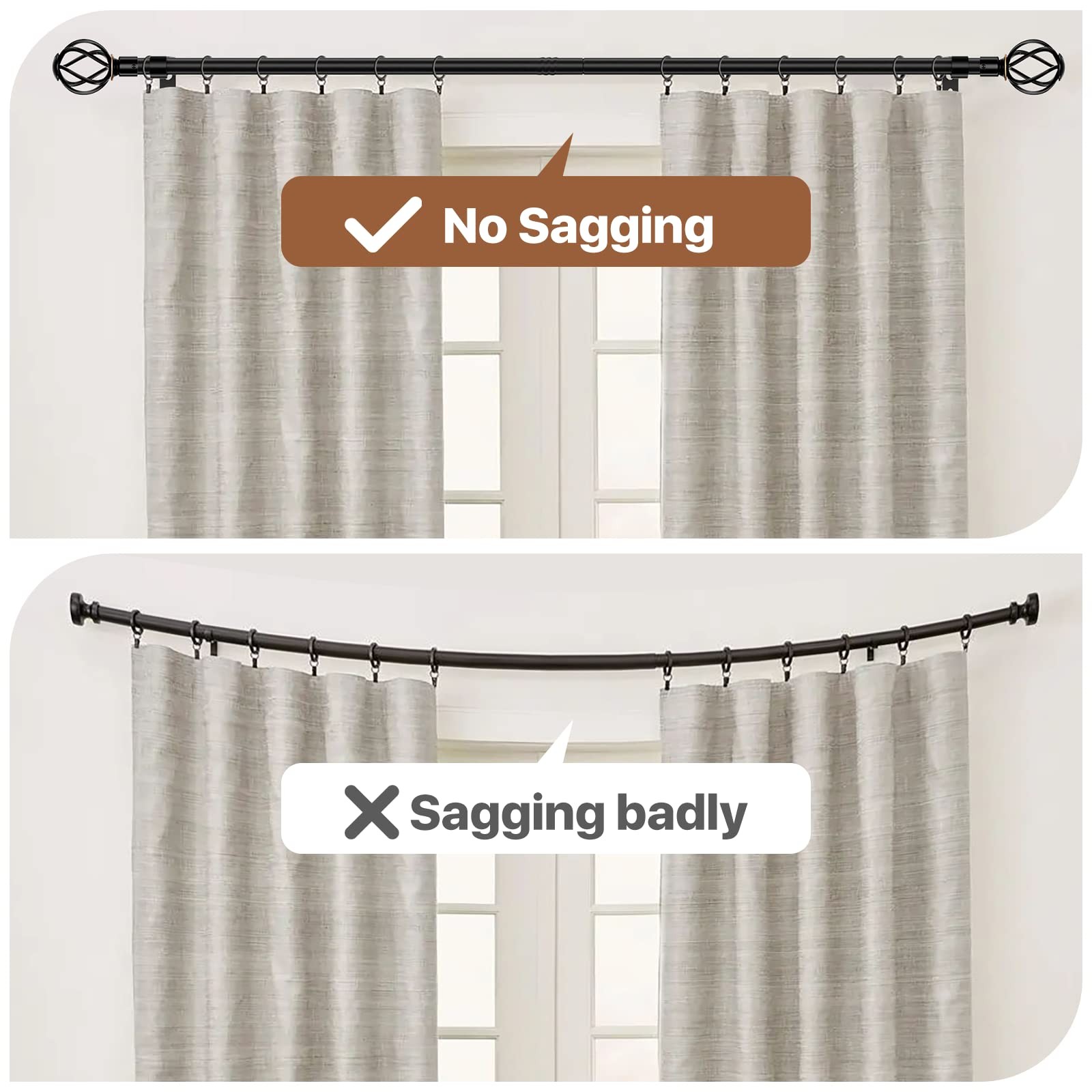 Black 5/8 Curtain Rod Set, 40-62 Inch, Twisted Cage Finials, Heavy Duty