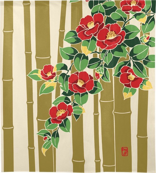 Noren Japanese door curtain 33.5×35.4 in polyester Bamboo and Camellia