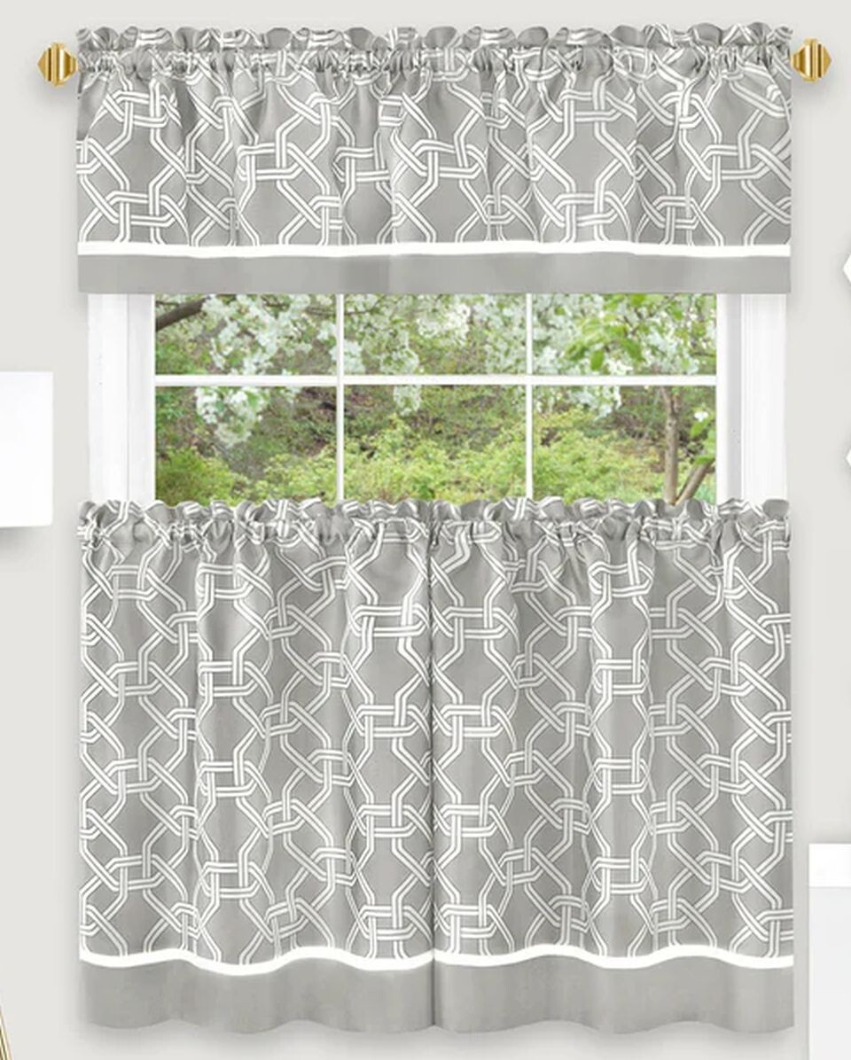 3pc Curtains Set:2 Tiers &Valance(58″x13″)CHAIN LINK,ARLINGTON,grey/silver,Achim