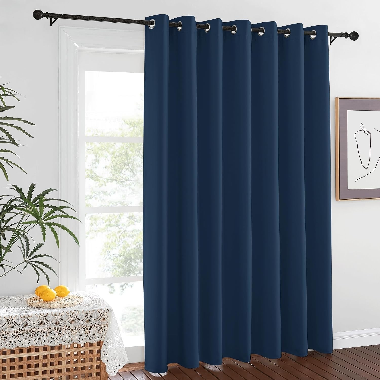 100” Wide Moroccan Blue Blackout Drapes for Patio Doors, Noise-Reducing Design
