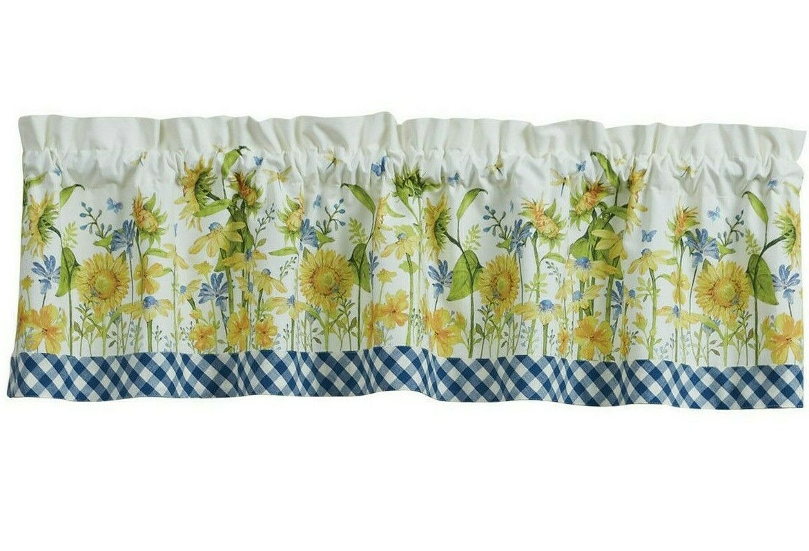 NEW SUNFLOWER FLORAL WINDOW VALANCE 60″ x 14″ BLUE YELLOW WHITE Cotton DRAGONFLY