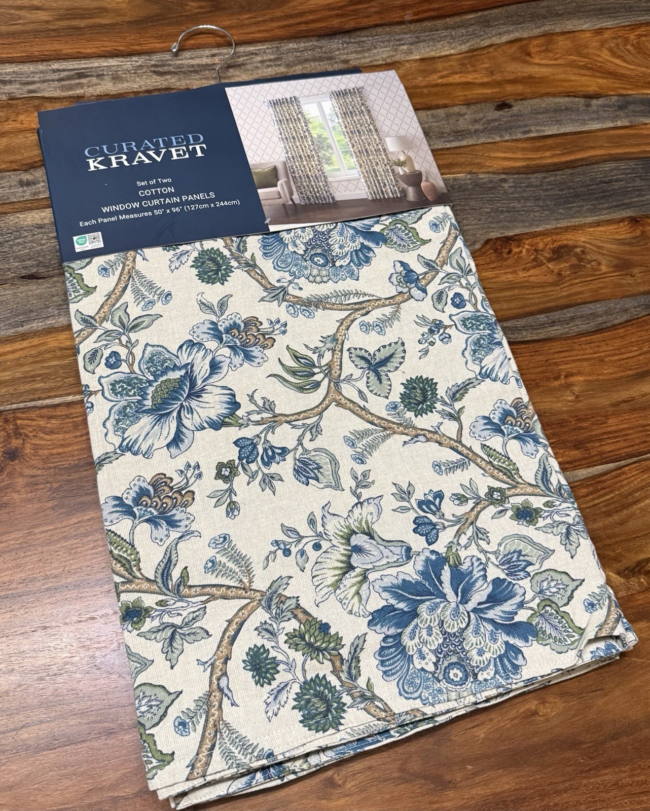 NWT Curated Kravet 2 pc Window Curtains Jacobean Floral Blue Cotton 50″ x 96″