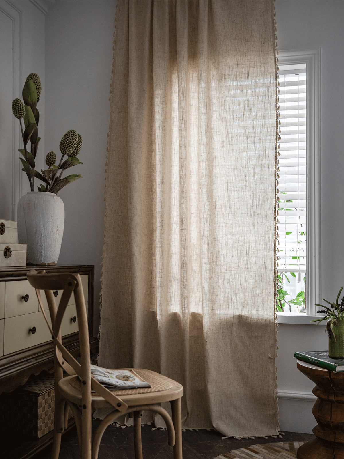 Boho Beige Curtains 94 In Long Bohemia Linen Curtains for Bedroom Living Room