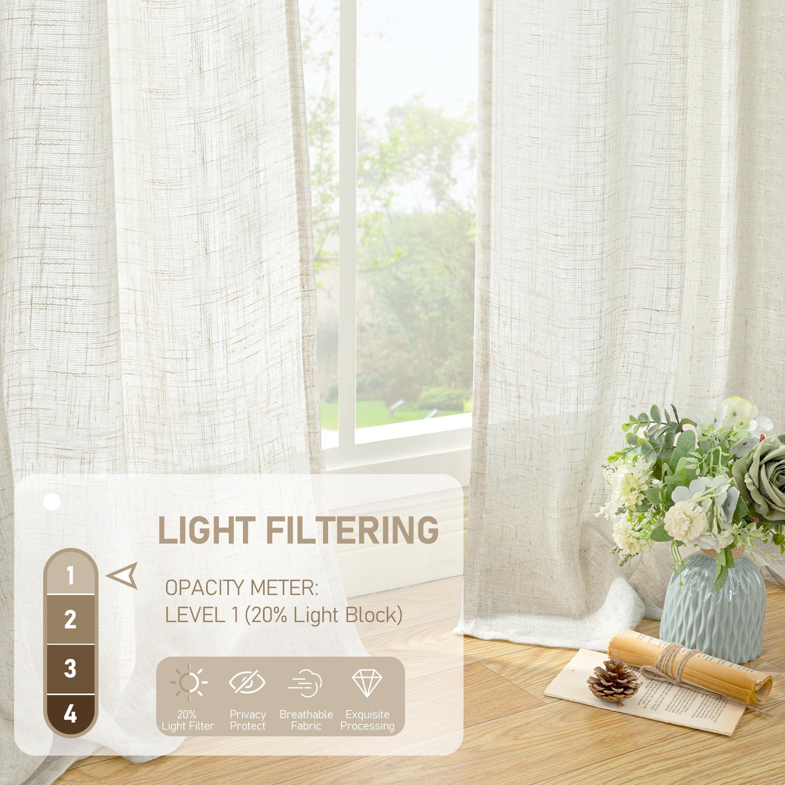 Natural Ivory Semi Sheer Linen Curtains 84 Inch Long, Cream White Light