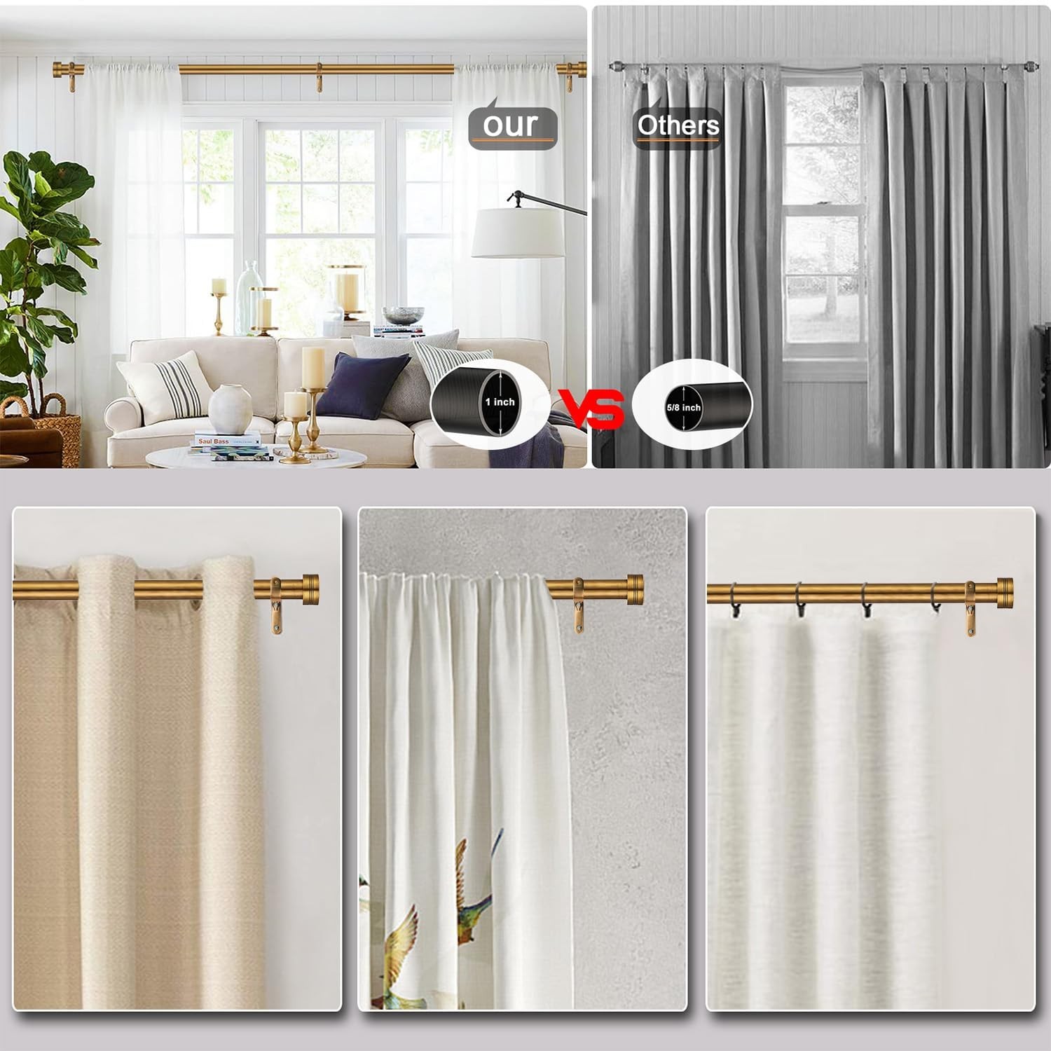 Antique Brass Curtain Rod for Windows 18 to 88 Inches,1 Inch Adjustable Drape…
