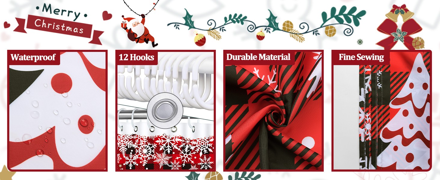 Christmas Shower Curtain, Winter Snowflakes Xmas Village Santa Red Black Plaid