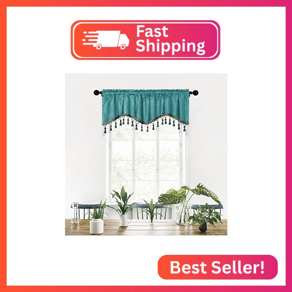 ELKCA Double-Sided Chenille Window Curtains Tier for Kitchen Turquoise Scalloped