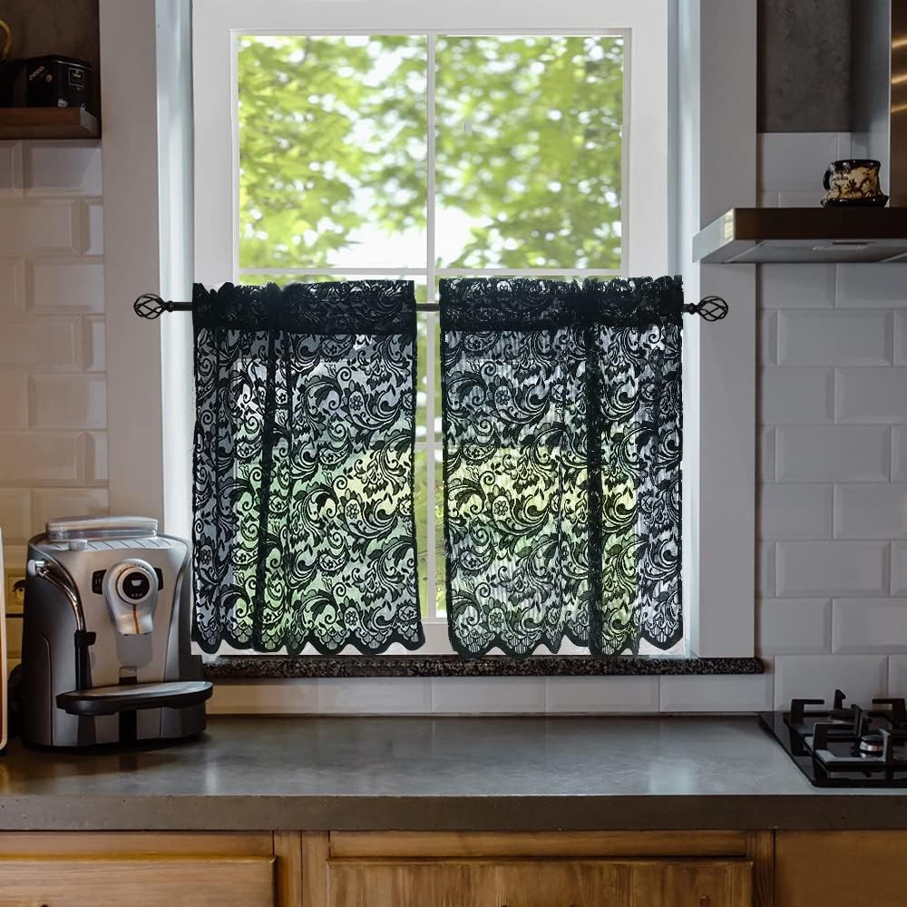 Black lace curtains, 24 inches long,2 pieces, dimensions:52 inches × 24 inches.