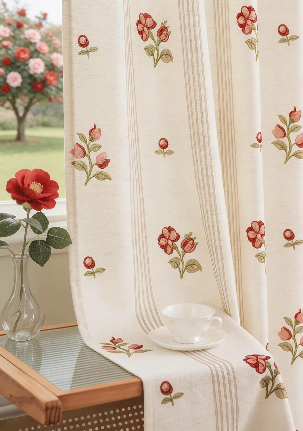 Pinch Pleated Floral Linen Curtains for Living Room Bedroom, Light Filtering Mem