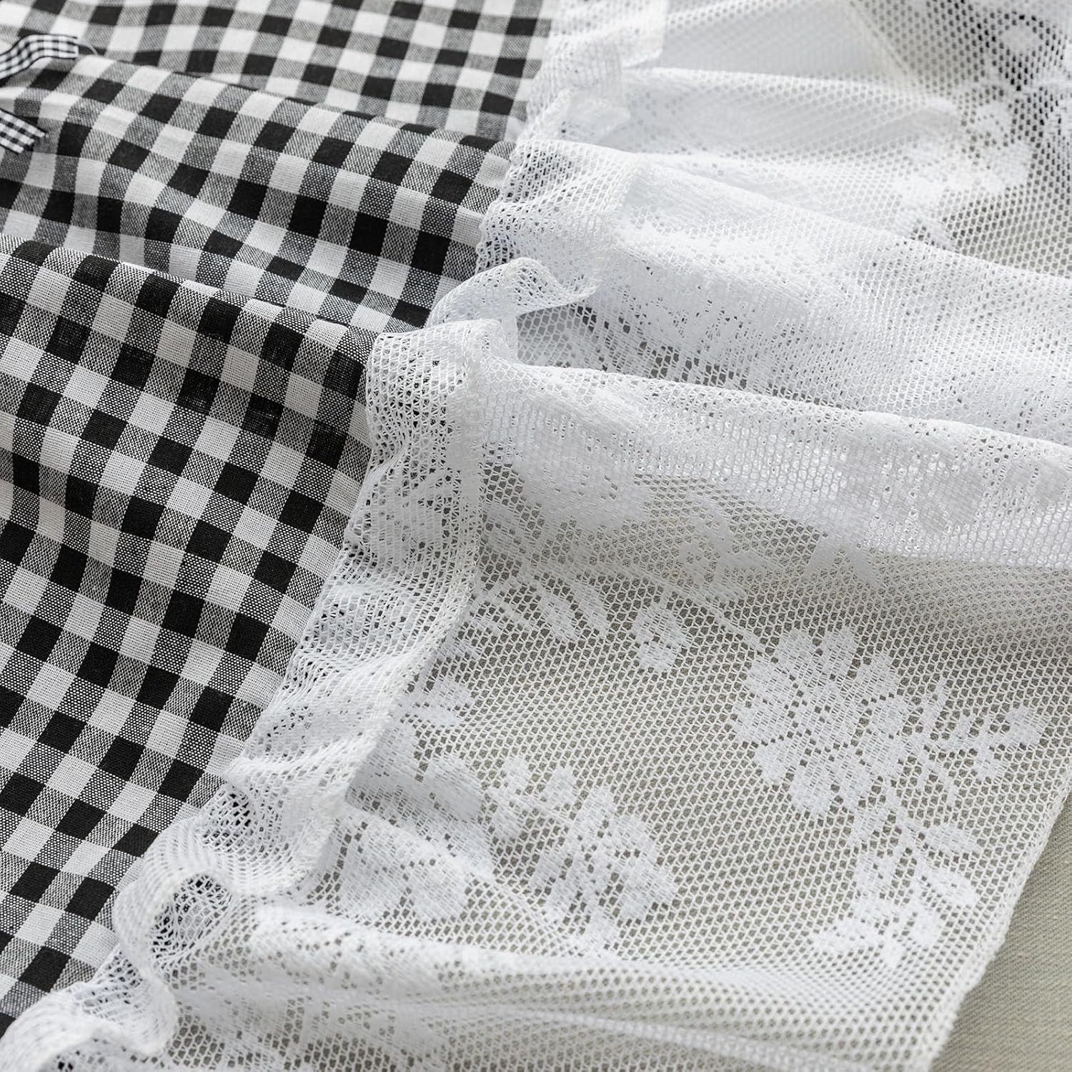 Black and White Buffalo Check Plaid Window Valances Floral Lace Semi Sheer
