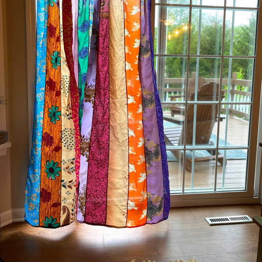 2 pc set Indian Vintage Sari Patchwork Curtain Drape Window Decor Silk Curtain
