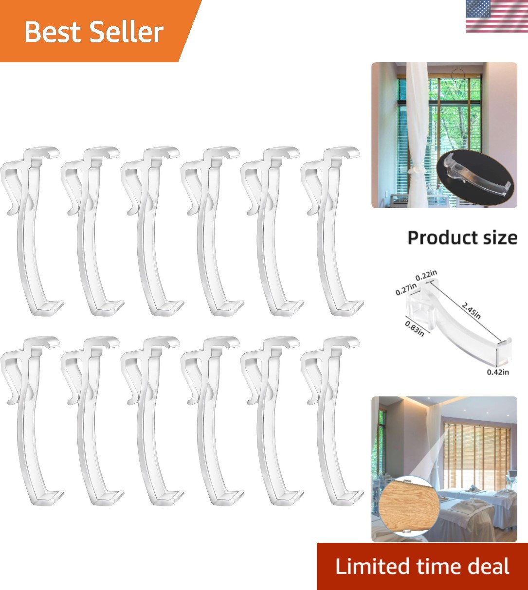 Transparent Valance Clips – Set of 12 for 2.45″ Horizontal Blinds, Easy Install