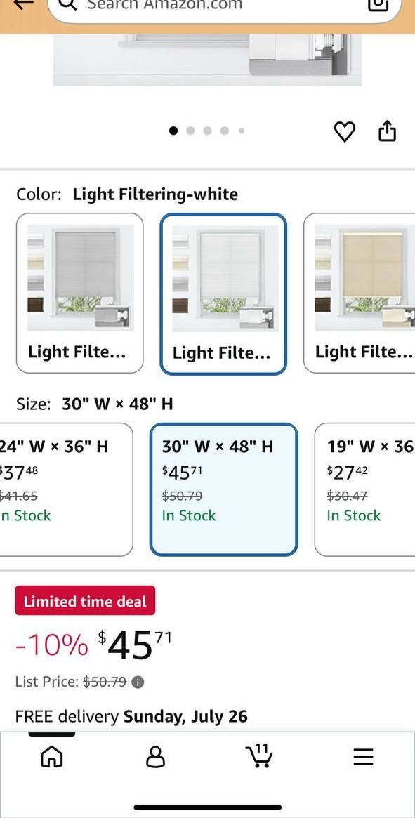 New LazBlinds Cordless Cellular Shade 30″ x 48″ Light Filtering White No Drill