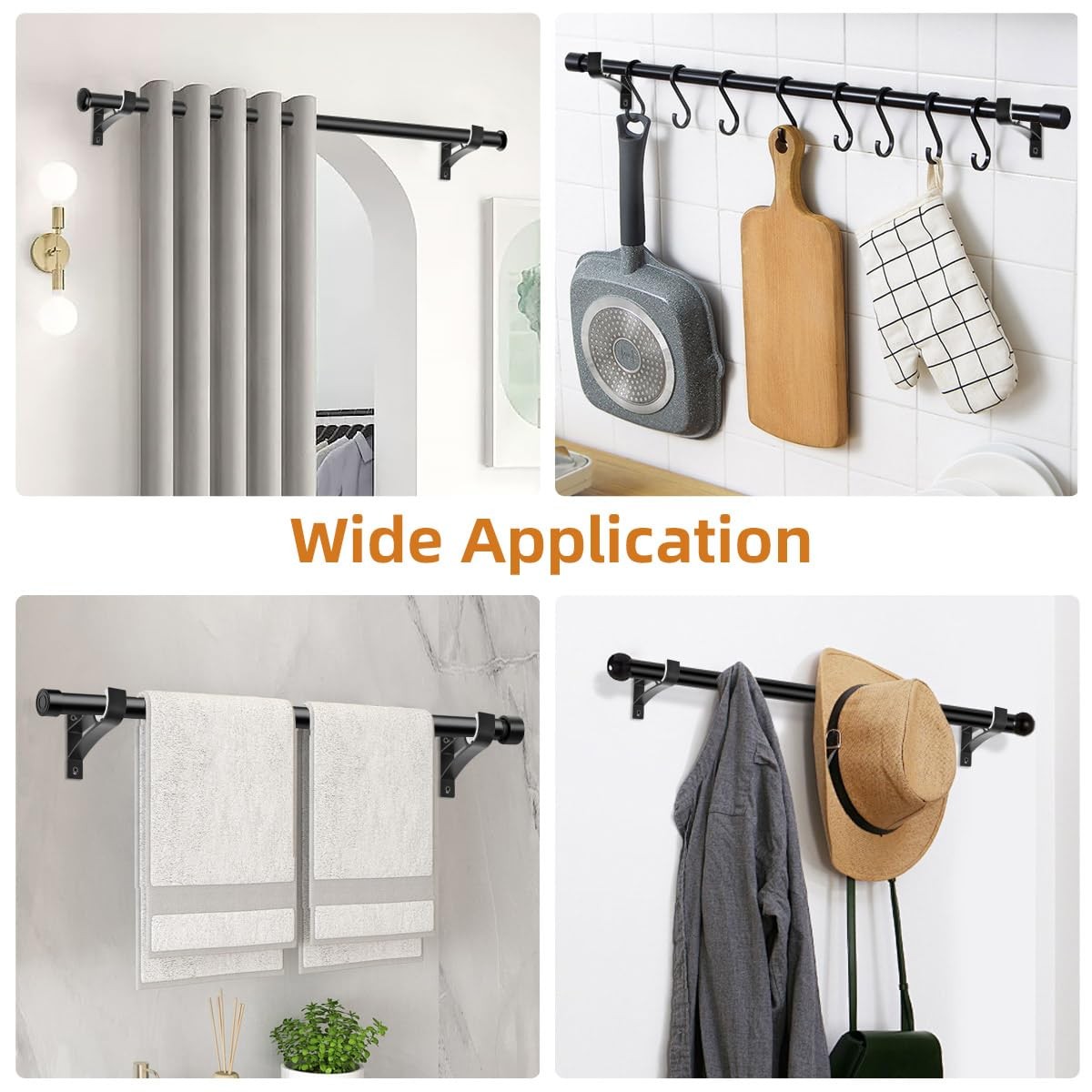 Curtain Rod Bracket, Heavy Duty Curtain Holders Single Decorative, Black 4 Pack