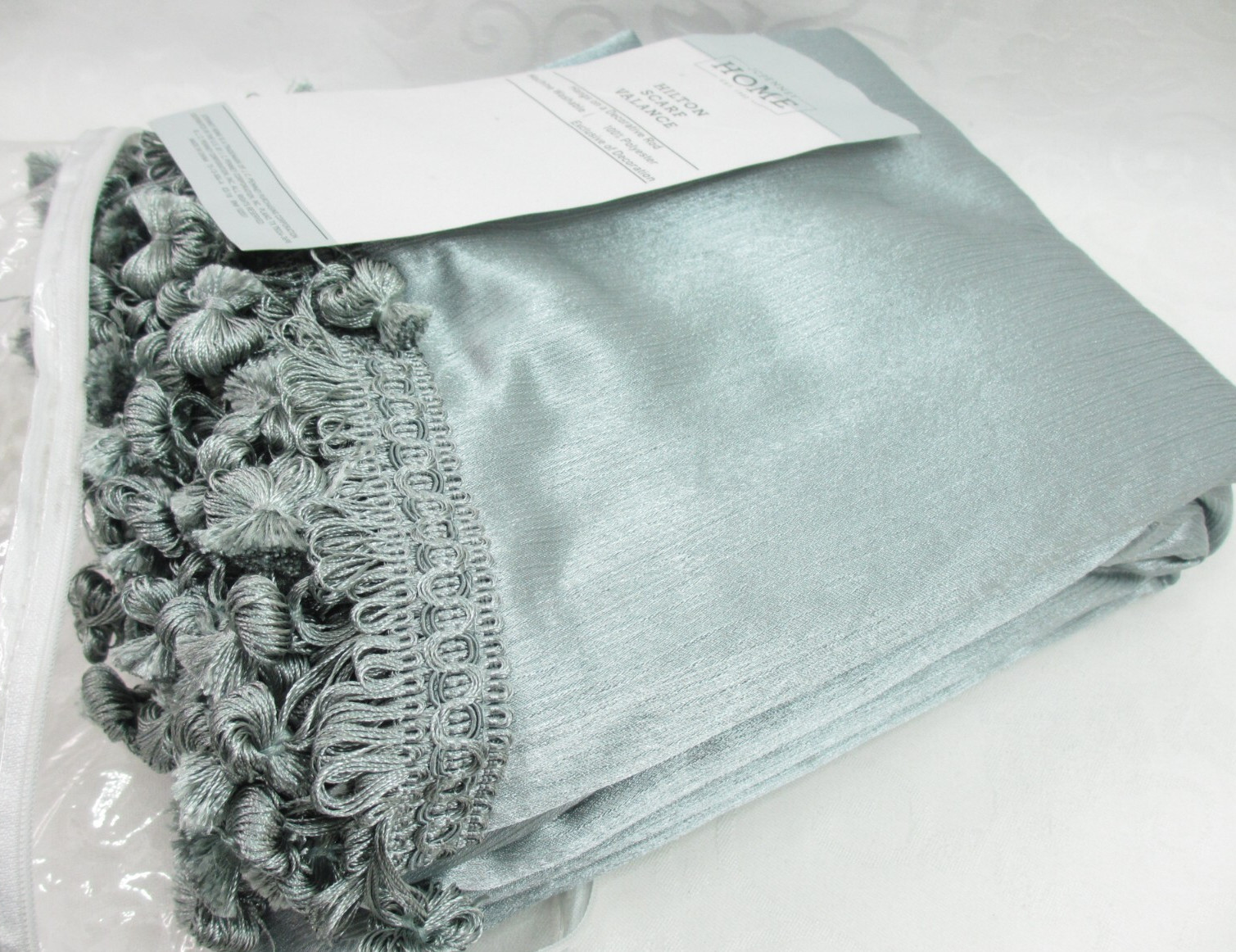 Hilton Window Scarf Valance Curtain Green Slub Satin Faux Silk Drape Fringe NEW