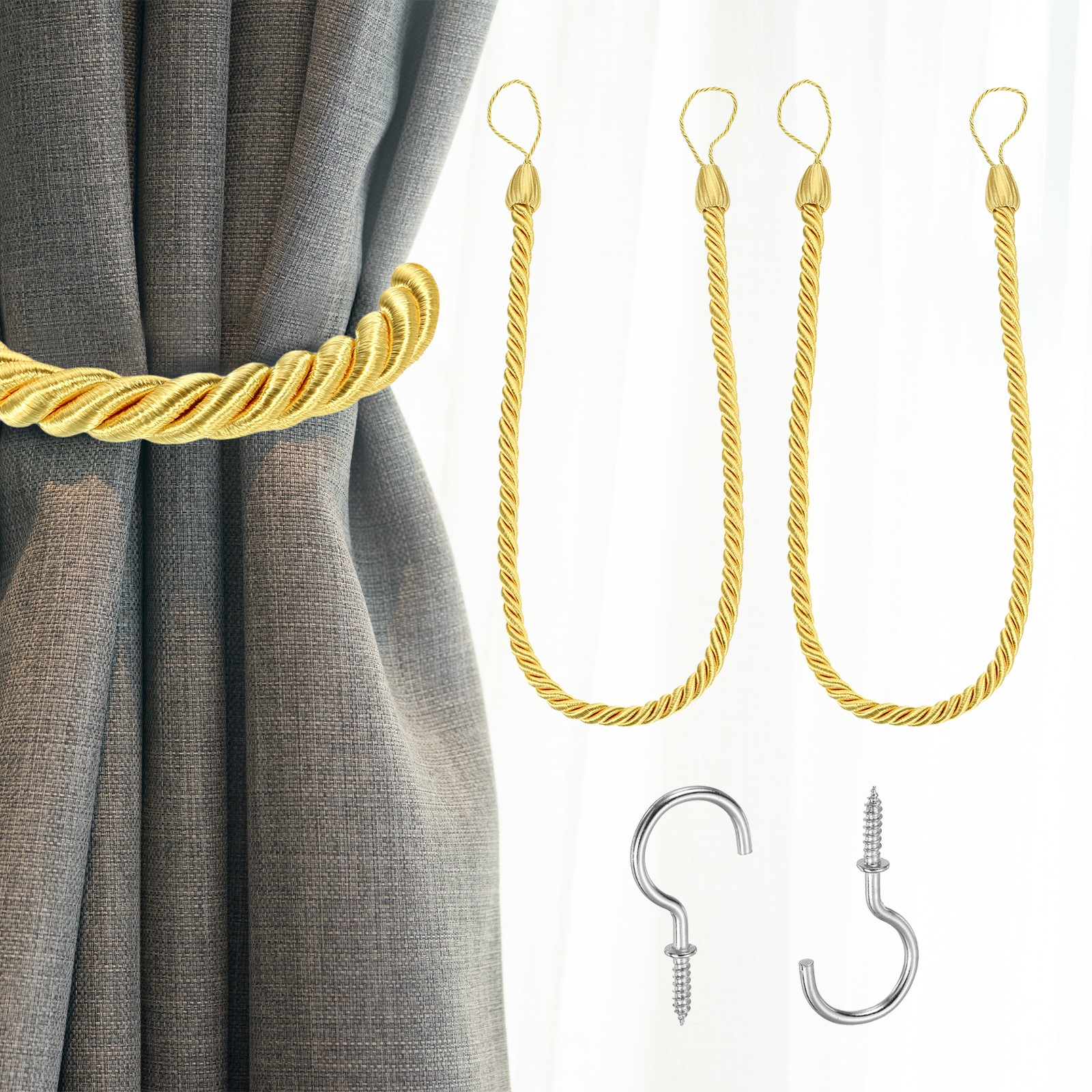 2 Pack Curtain Tiebacks 74cm/29″ Braided Drapery Holdback with Hook Gold