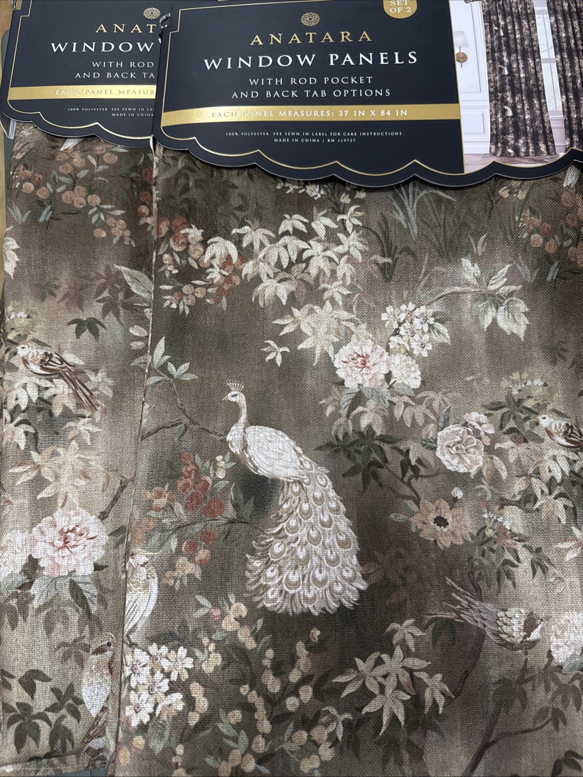 Set 4 Anatara Peacock Birds flower Branches Window Panels 37”x 84” New~