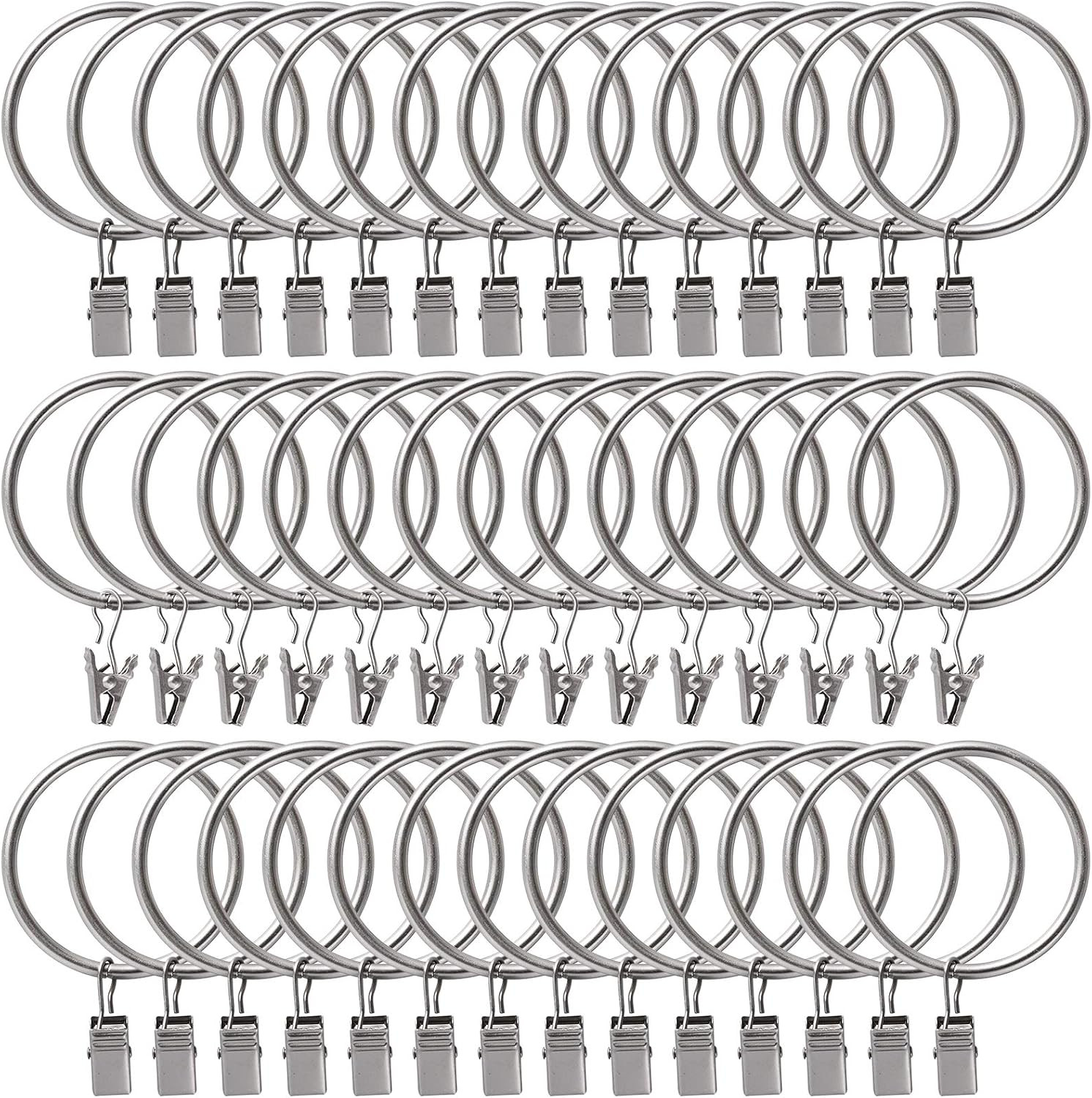 44 Pack Curtain Rings with Clips Hooks 1.5 Inch Rustproof Matte Metal Stainless