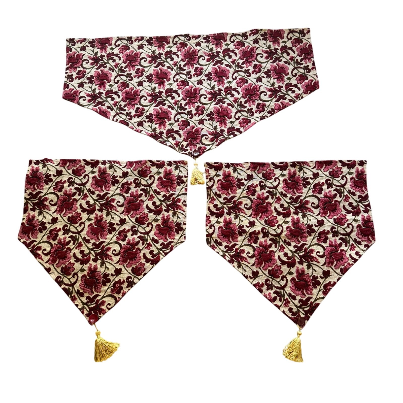Red Floral Brocade Curtain Ascot Valances Gold Tassels 3 Pieces Tape On