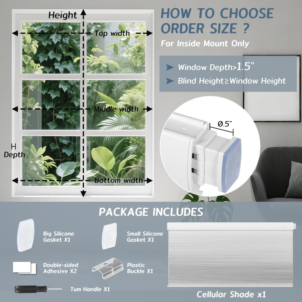 SEEYE No Drill Cordless Cellular Shades, Light Filtering 66″ W x 64″ H White
