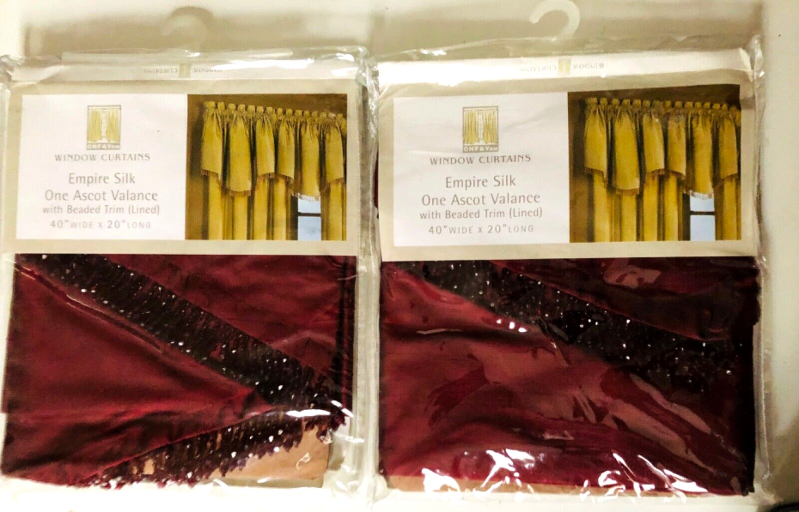 LOT OF 2 NEW CHF & YOU EMPIRE SILK ONE ASCOT VALANCES WITH BEADED TRIM (LINED)