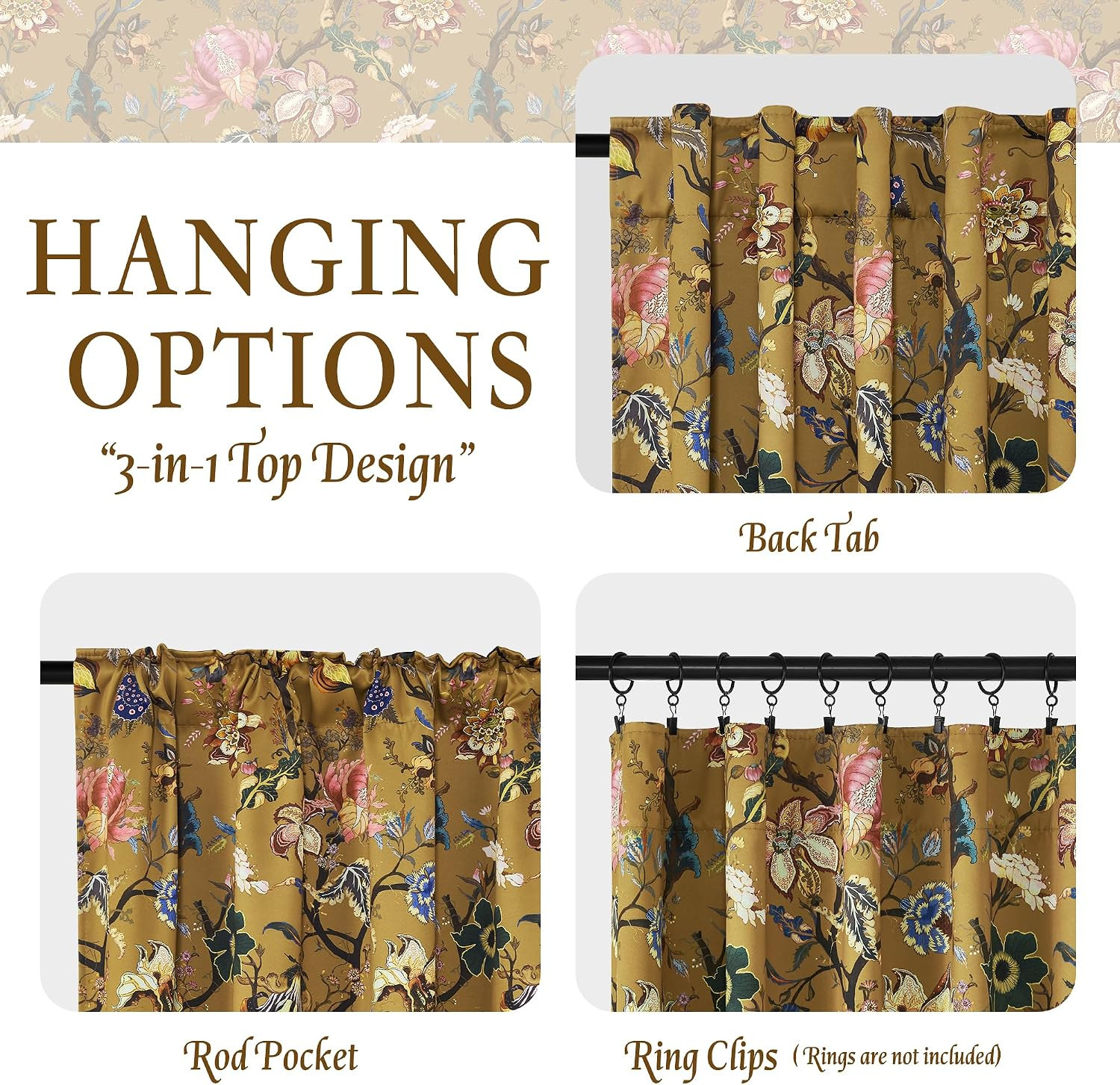 StangH Gold Brown Floral Blackout Curtains 84 Inches Long for Balcony，Vibrant Fl