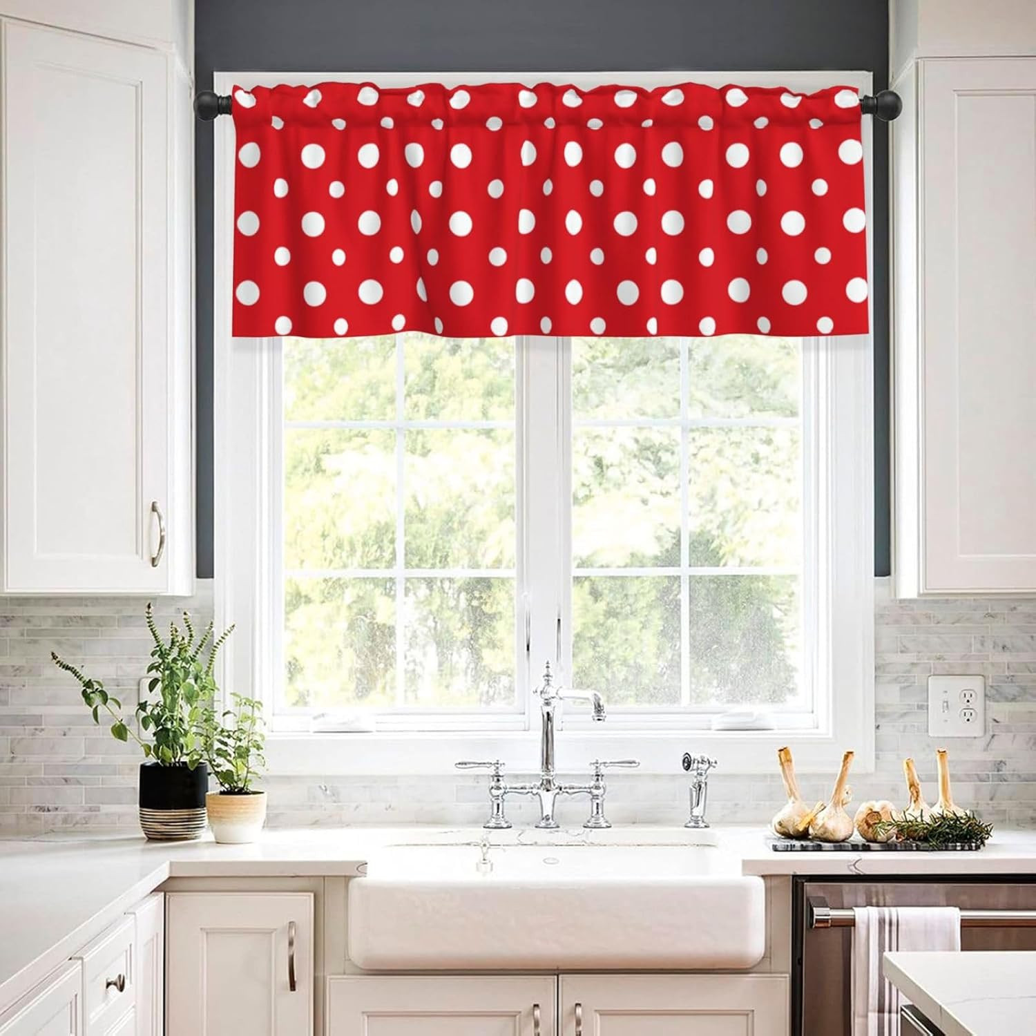 Valance for Windows White Polka Dots Red Kitchen Curtains Valances Rod Pocket Vi