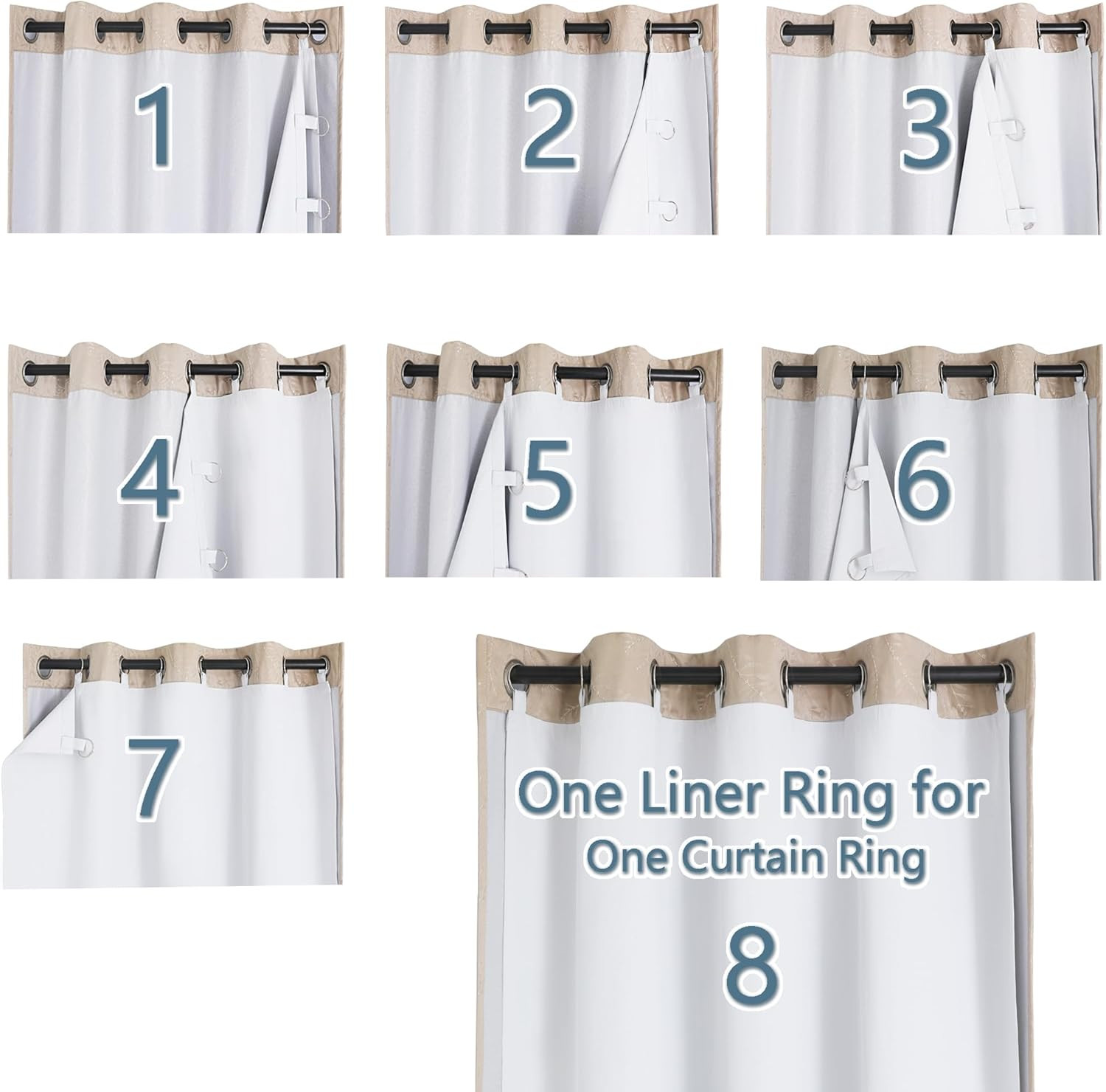 2 Pack 100% Blackout Curtain Liners 50×80 Thermal Insulated Drapes 17 Rings