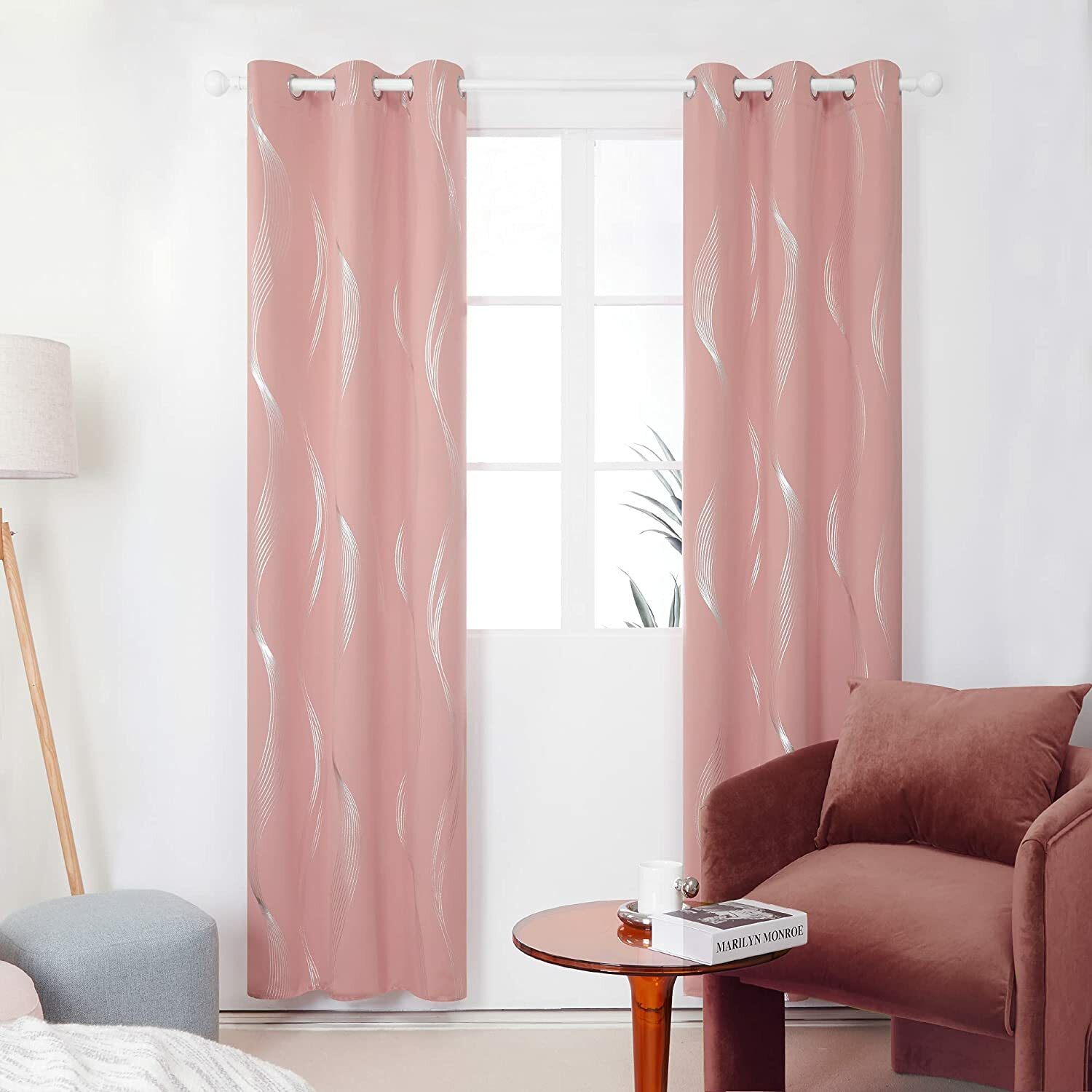 Blackout Curtains Thermal Insulated Wave Striped Foil Print 2 Panels Coral Pink
