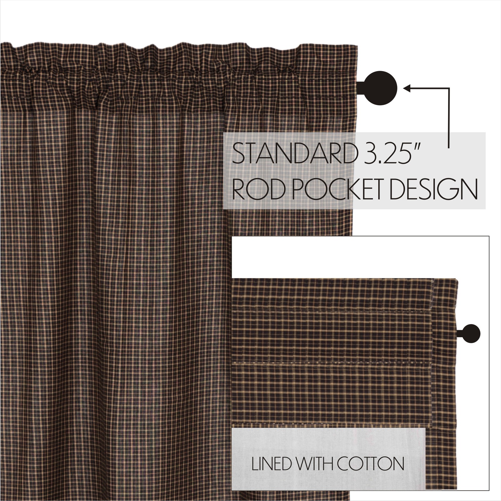 VHC Brands Primitive 84″x40″ Plaid Panel Pair Black Rod Pocket Window Curtains