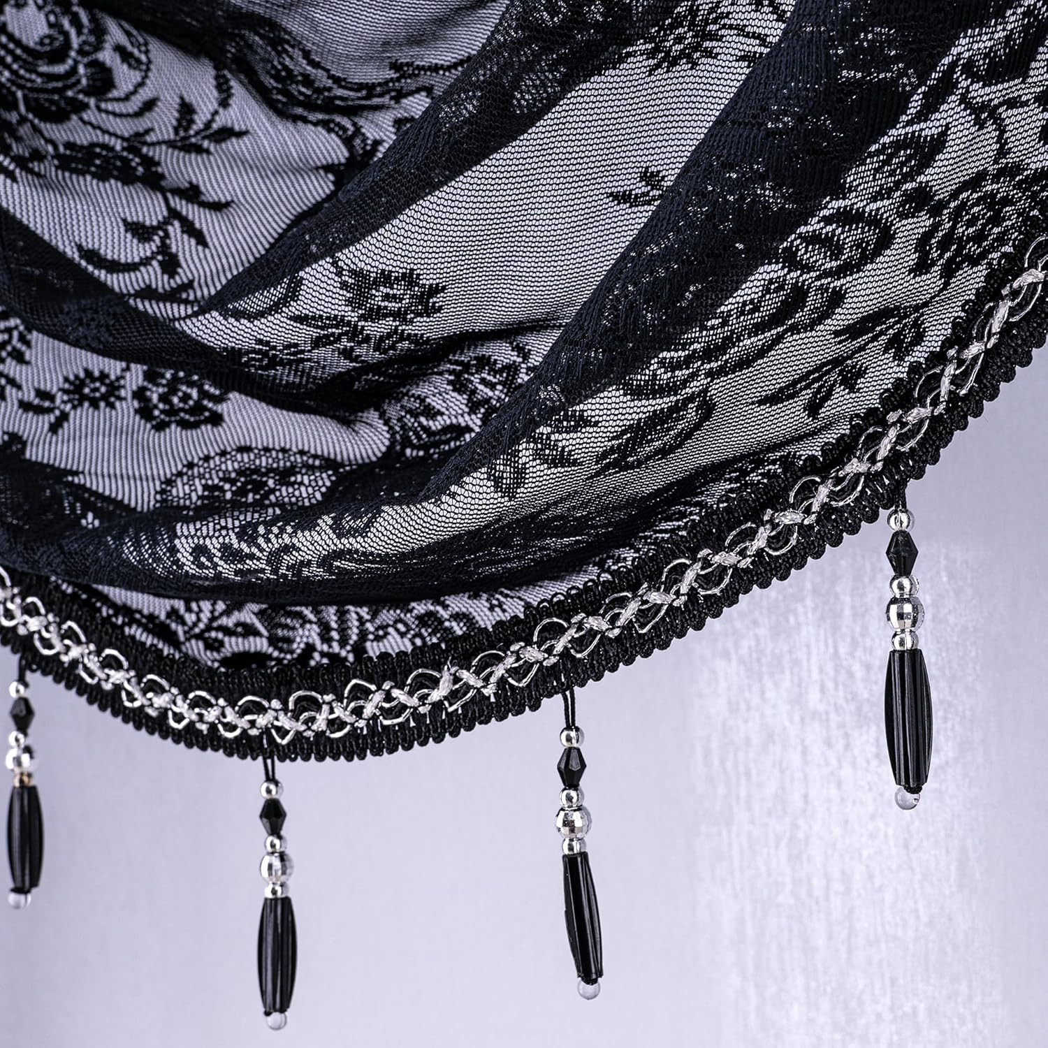 Black Sheer Lace Waterfall Window Valance with Bead Tassels Floral Embroidered V