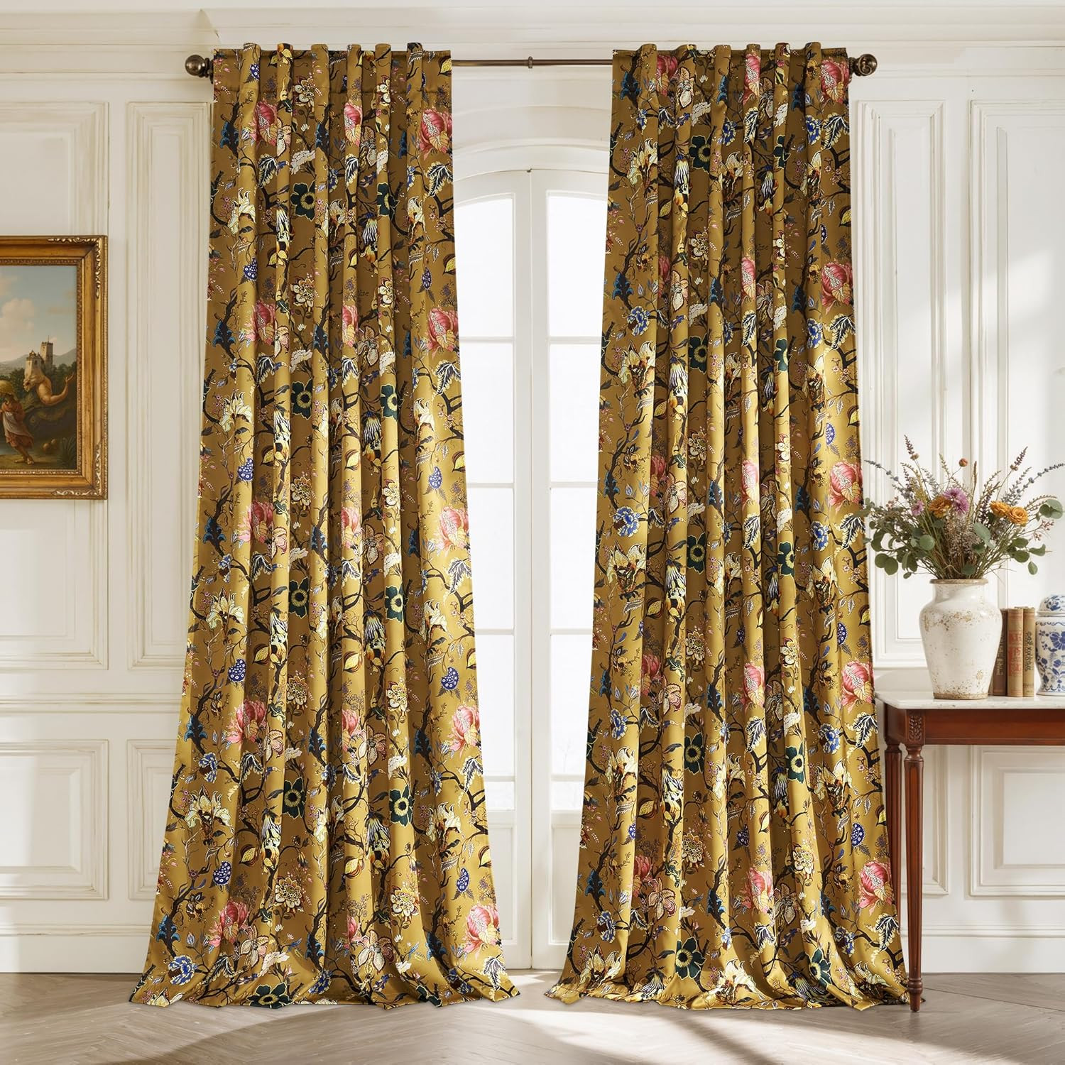 StangH Gold Brown Floral Blackout Curtains 84 Inches Long for Balcony，Vibrant Fl