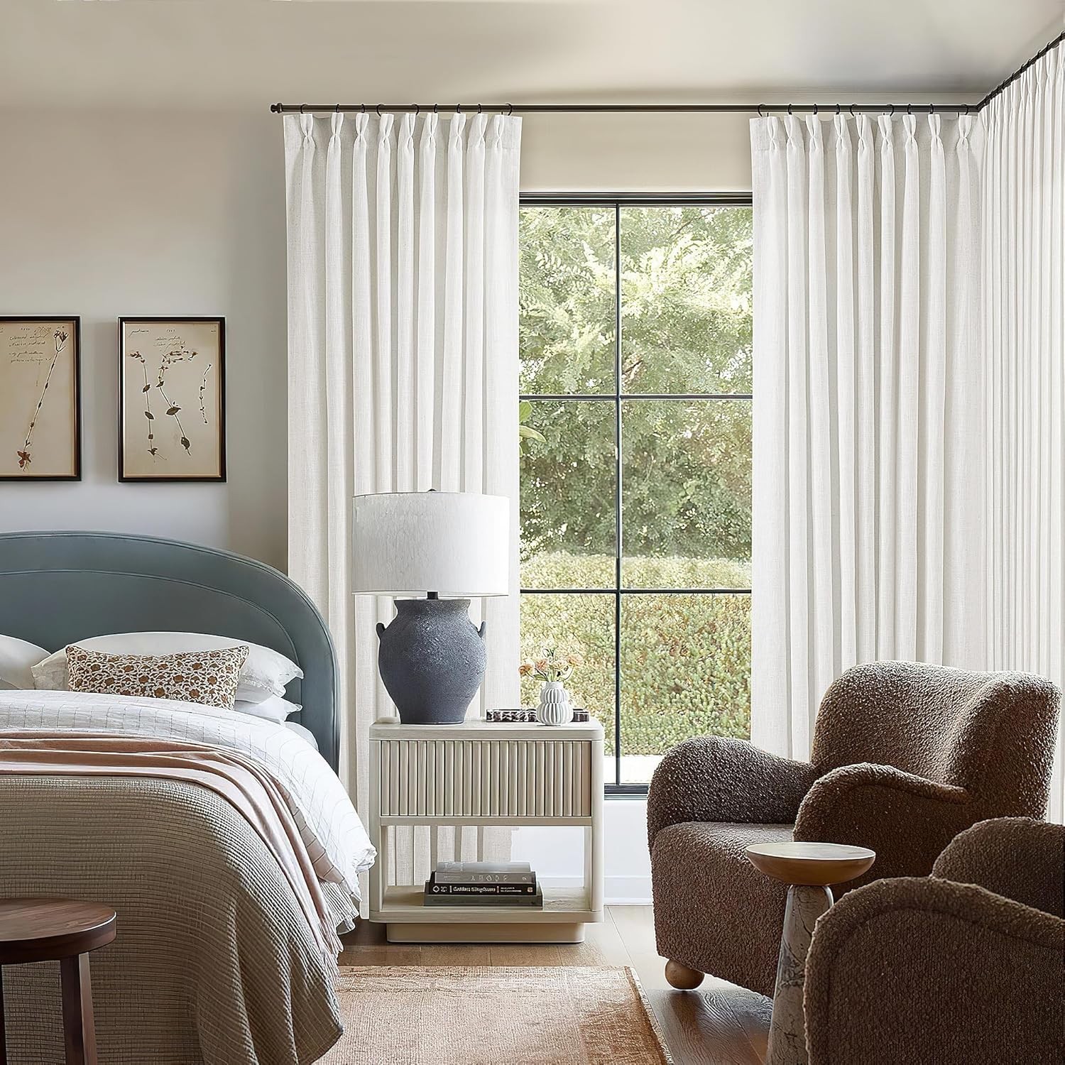 Pinch Pleated Linen Curtains 96 Inch Light Filtering Drapes 2 Panels Neutral