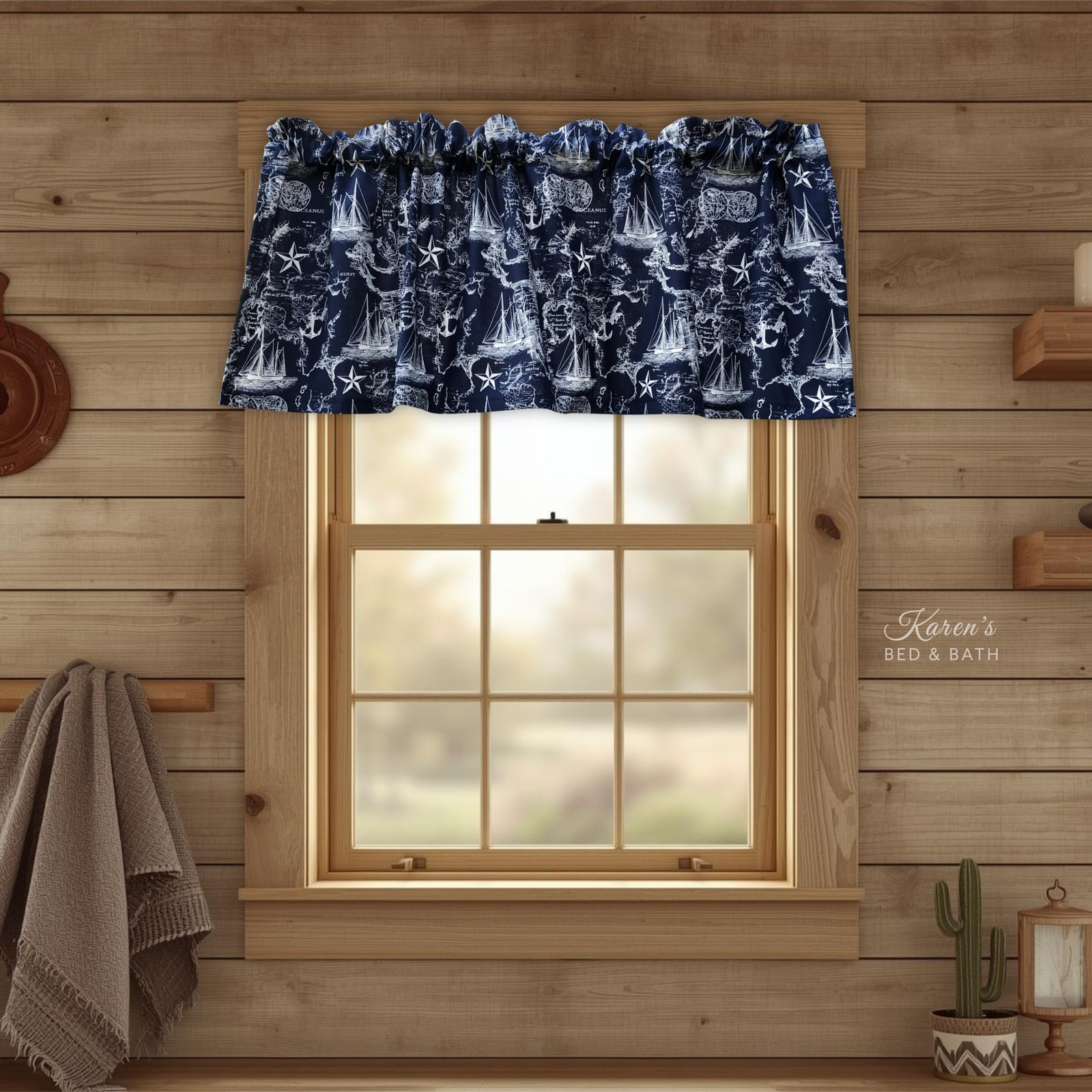 Nautical Map Valance – Navy Anchor Kitchen Curtain – Vintage Coastal Beach House