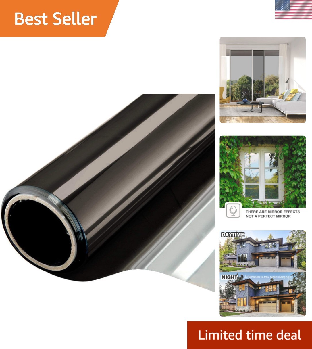Black Silver Mirror Window Film – 6 Mil Static Cling UV Protection, 17.5″x6.5 ft